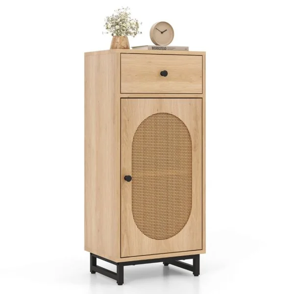 Armoire de Rangement en Rotin PE Tiroir Coulissant Porte en Rotin PE Support en Métal Patins Réglables Kit Anti-basculement Naturel