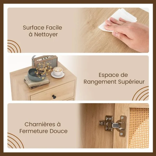 Armoire de Rangement en Rotin PE Tiroir Coulissant Porte en Rotin PE Support en Métal Patins Réglables Kit Anti-basculement Naturel