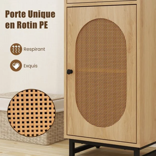 Armoire de Rangement en Rotin PE Tiroir Coulissant Porte en Rotin PE Support en Métal Patins Réglables Kit Anti-basculement Naturel