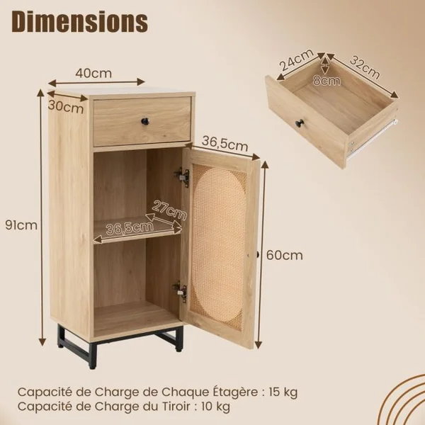 Armoire de Rangement en Rotin PE Tiroir Coulissant Porte en Rotin PE Support en Métal Patins Réglables Kit Anti-basculement Naturel