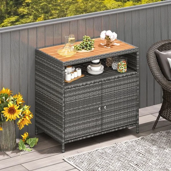 Armoire de Rangement Exterieur en Rotin Armoire de Jardin avec Plateau en Bois d'Acacia Compartiment Ouvert Buffet à 2 Portes Gris+Naturel