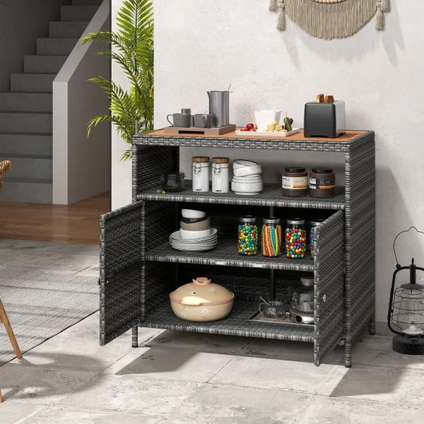 Armoire de Rangement Exterieur en Rotin Armoire de Jardin avec Plateau en Bois d'Acacia Compartiment Ouvert Buffet à 2 Portes Gris+Naturel