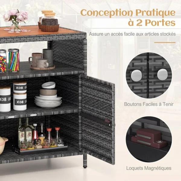 Armoire de Rangement Exterieur en Rotin Armoire de Jardin avec Plateau en Bois d'Acacia Compartiment Ouvert Buffet à 2 Portes Gris+Naturel