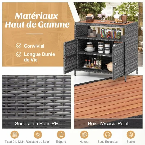 Armoire de Rangement Exterieur en Rotin Armoire de Jardin avec Plateau en Bois d'Acacia Compartiment Ouvert Buffet à 2 Portes Gris+Naturel