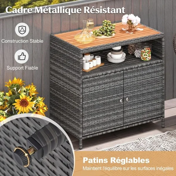 Armoire de Rangement Exterieur en Rotin Armoire de Jardin avec Plateau en Bois d'Acacia Compartiment Ouvert Buffet à 2 Portes Gris+Naturel