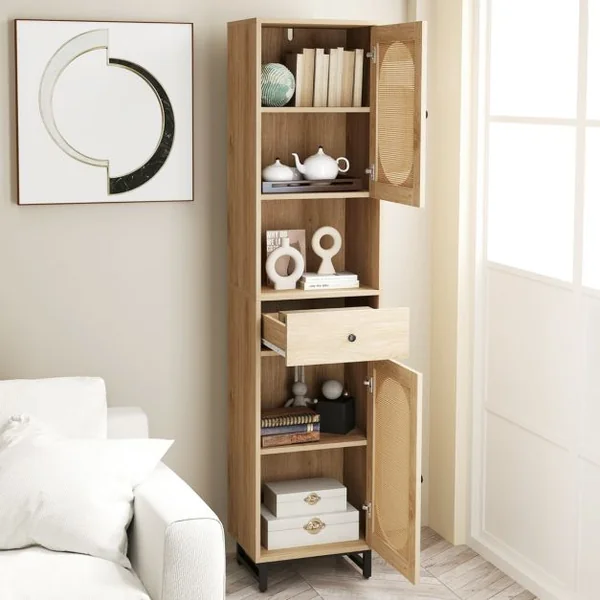 Armoire de Rangement Meuble pour Salle de Bain Haut Armoire en Rotin avec Portes Étagères Ajustables & Tiroir 170 x30 x40 cm Naturel