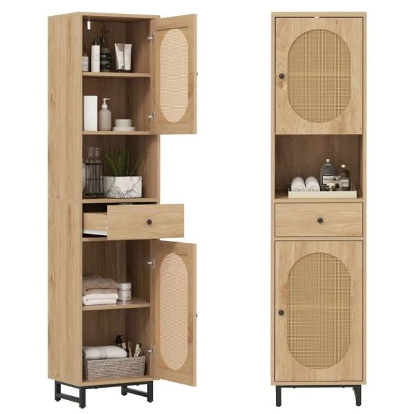 Armoire de Rangement Meuble pour Salle de Bain Haut Armoire en Rotin avec Portes Étagères Ajustables & Tiroir 170 x30 x40 cm Naturel