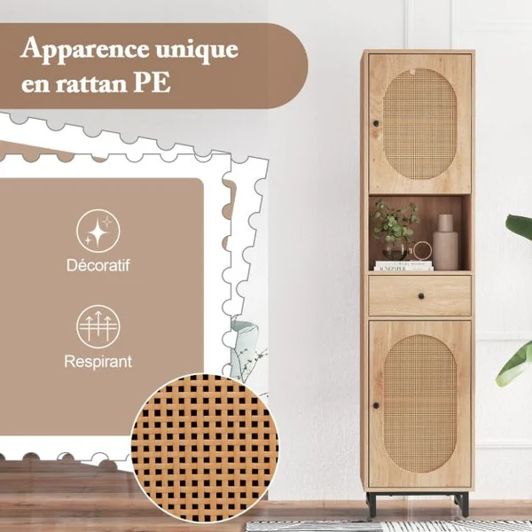 Armoire de Rangement Meuble pour Salle de Bain Haut Armoire en Rotin avec Portes Étagères Ajustables & Tiroir 170 x30 x40 cm Naturel