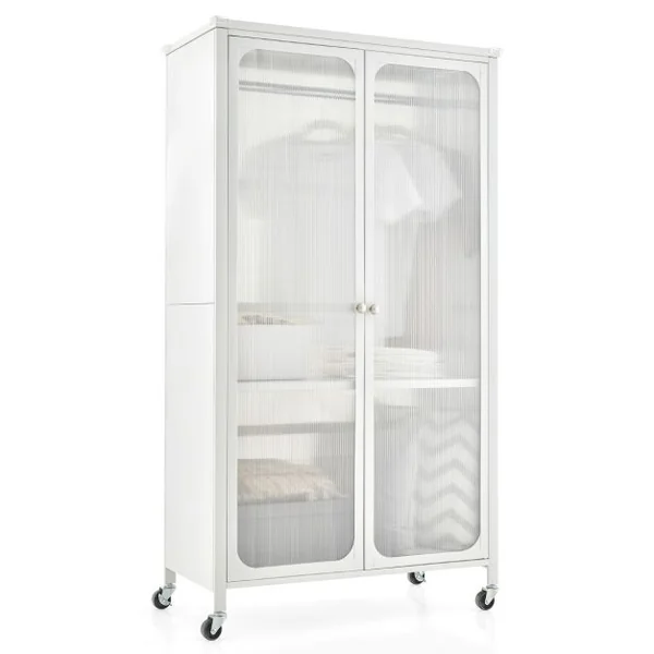 Armoire de Rangement Mobile Armoire Penderie à 2 Portes Vitrée avec Tringle à Vêtements Armoire Chambre pour Vestiaire Blanc
