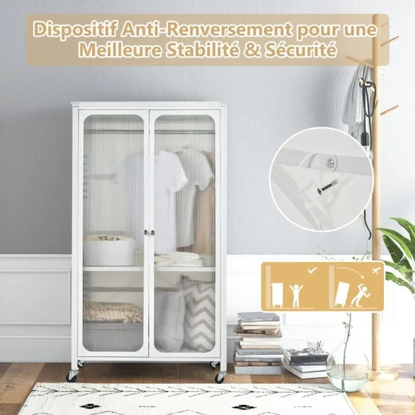 Armoire de Rangement Mobile Armoire Penderie à 2 Portes Vitrée avec Tringle à Vêtements Armoire Chambre pour Vestiaire Blanc