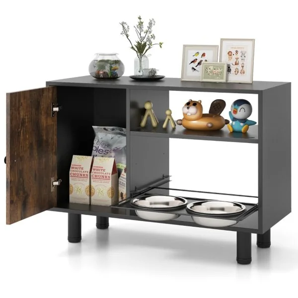 Armoire de Rangement pour Nourriture de Chien Station d'Alimentation Élevée Réglable en Hauteur avec 2 Bols Surélevés Marron