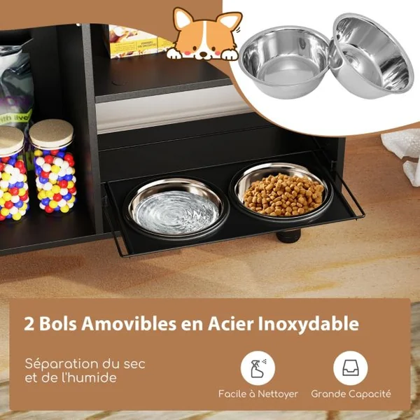Armoire de Rangement pour Nourriture de Chien Station d'Alimentation Élevée Réglable en Hauteur avec 2 Bols Surélevés Marron