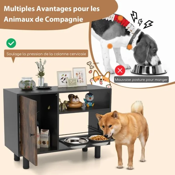 Armoire de Rangement pour Nourriture de Chien Station d'Alimentation Élevée Réglable en Hauteur avec 2 Bols Surélevés Marron