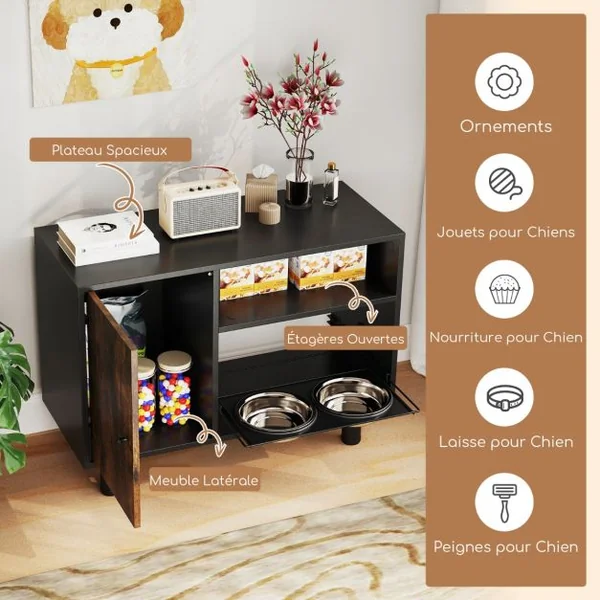 Armoire de Rangement pour Nourriture de Chien Station d'Alimentation Élevée Réglable en Hauteur avec 2 Bols Surélevés Marron
