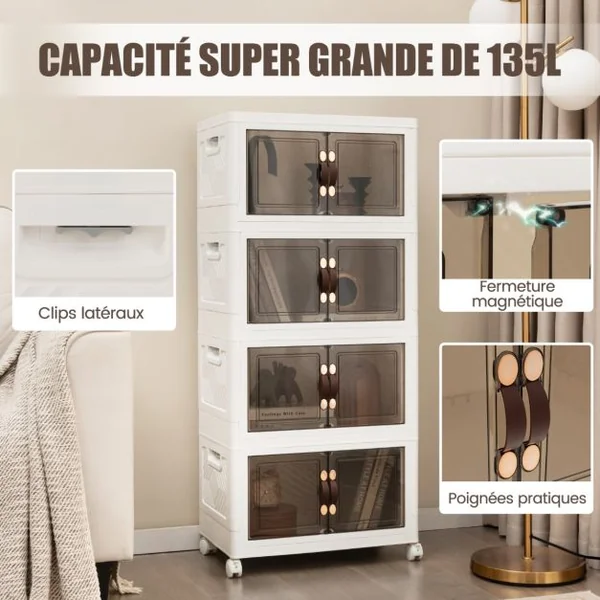 Armoire de Rangement à 4 Bacs Pliables et Empilables Roues Verrouillables Boîtes de Rangement Empilables pour Salon Chambre Placard Blanc