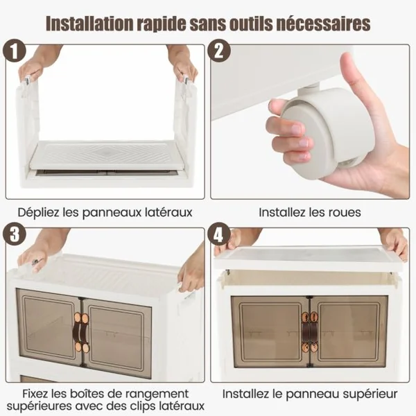 Armoire de Rangement à 4 Bacs Pliables et Empilables Roues Verrouillables Boîtes de Rangement Empilables pour Salon Chambre Placard Blanc