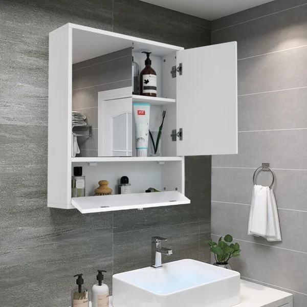 Armoire de Salle de Bain avec 2 Porte Miroir Meuble WC de Rangement Blanc 54 x 14 x 62 CM