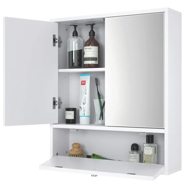 Armoire de Salle de Bain avec 2 Porte Miroir Meuble WC de Rangement Blanc 54 x 14 x 62 CM