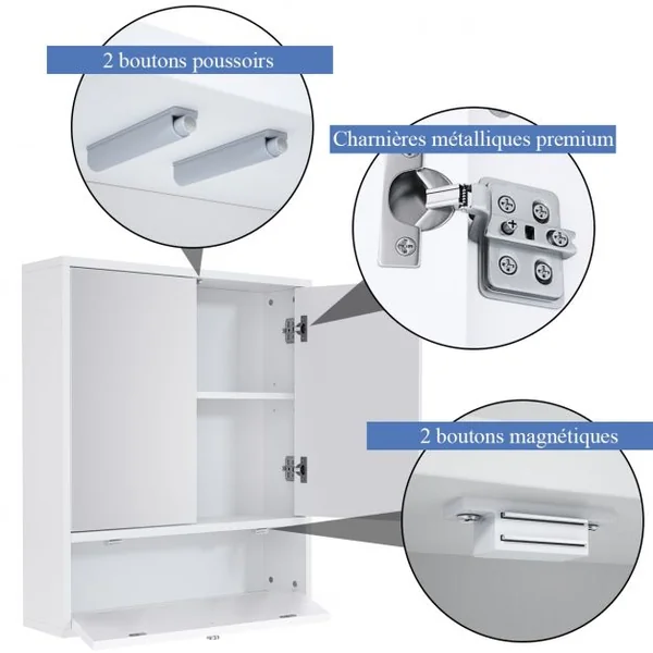 Armoire de Salle de Bain avec 2 Porte Miroir Meuble WC de Rangement Blanc 54 x 14 x 62 CM