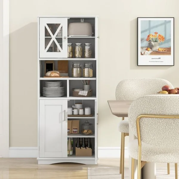 Armoire de Salle de Bain Haute Armoire Autoportante avec Portes en Acrylique et 3 Cubes Buffet Autoportant avec Etagères Réglables Blanc/Gris/Noir