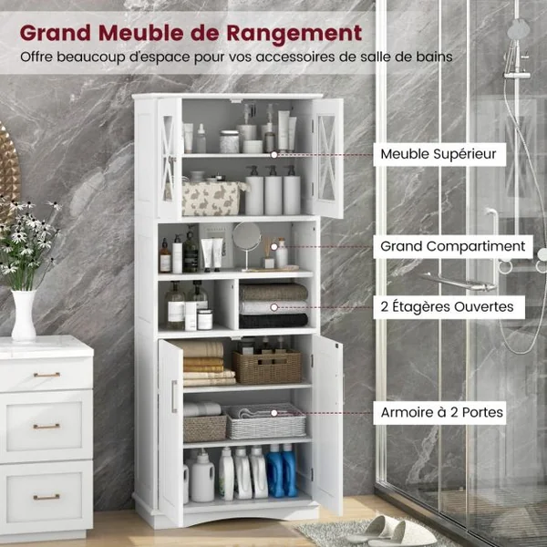 Armoire de Salle de Bain Haute Armoire Autoportante avec Portes en Acrylique et 3 Cubes Buffet Autoportant avec Etagères Réglables Blanc/Gris/Noir
