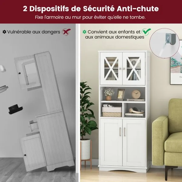Armoire de Salle de Bain Haute Armoire Autoportante avec Portes en Acrylique et 3 Cubes Buffet Autoportant avec Etagères Réglables Blanc/Gris/Noir