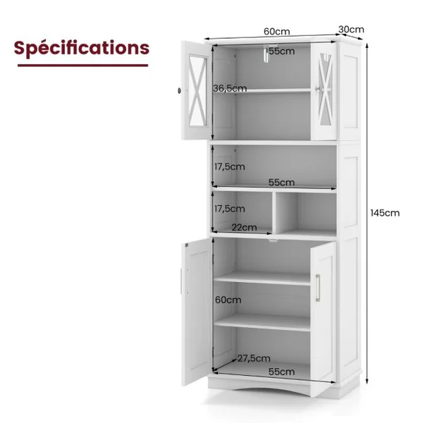 Armoire de Salle de Bain Haute Armoire Autoportante avec Portes en Acrylique et 3 Cubes Buffet Autoportant avec Etagères Réglables Blanc/Gris/Noir