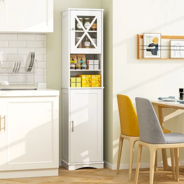 Armoire de Salle de Bain Haute de 170,5 cm Armoire Autoportante 5 Etagères Réglables 2 Portes Kit Anti-basculement Armoire Etroite Gris/Blanc/Noir
