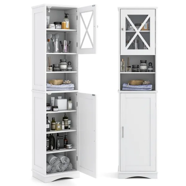 Armoire de Salle de Bain Haute de 170,5 cm Armoire Autoportante 5 Etagères Réglables 2 Portes Kit Anti-basculement Armoire Etroite Gris/Blanc/Noir