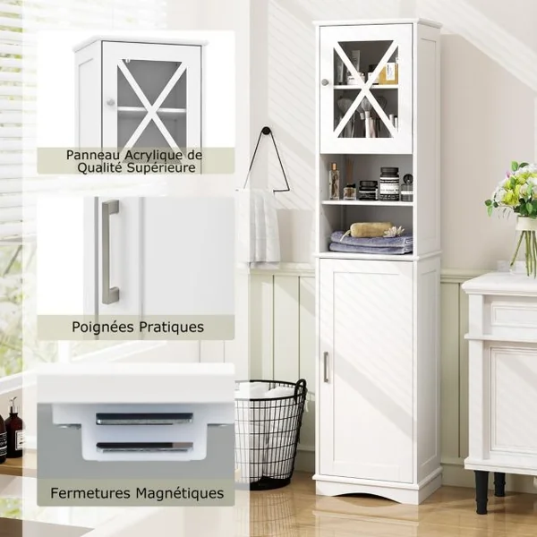 Armoire de Salle de Bain Haute de 170,5 cm Armoire Autoportante 5 Etagères Réglables 2 Portes Kit Anti-basculement Armoire Etroite Gris/Blanc/Noir
