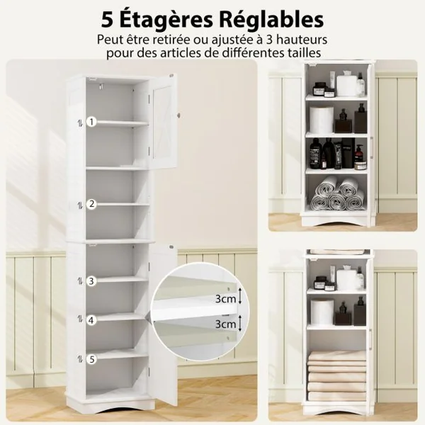 Armoire de Salle de Bain Haute de 170,5 cm Armoire Autoportante 5 Etagères Réglables 2 Portes Kit Anti-basculement Armoire Etroite Gris/Blanc/Noir