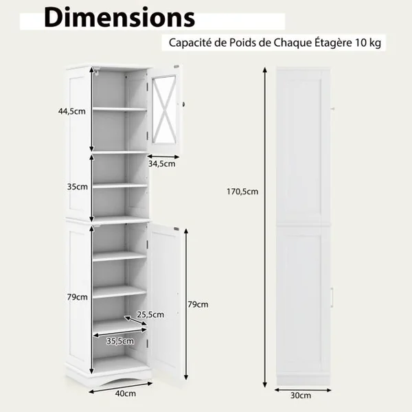 Armoire de Salle de Bain Haute de 170,5 cm Armoire Autoportante 5 Etagères Réglables 2 Portes Kit Anti-basculement Armoire Etroite Gris/Blanc/Noir