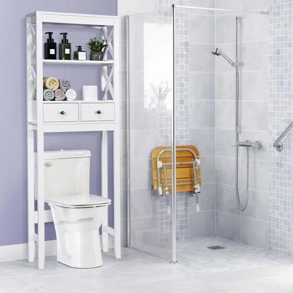 Armoire de Salle de Bains Meuble de Rangement Au-dessus Des Toilettes 2 Tiroirs en Bois 60x20x165cm Blanc