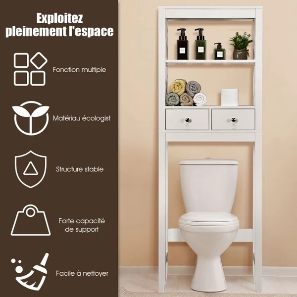 Armoire de Salle de Bains Meuble de Rangement Au-dessus Des Toilettes 2 Tiroirs en Bois 60x20x165cm Blanc