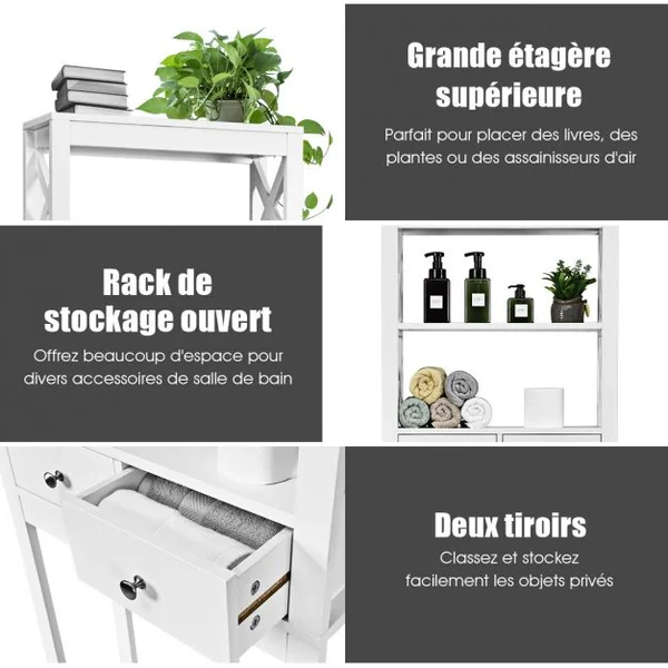 Armoire de Salle de Bains Meuble de Rangement Au-dessus Des Toilettes 2 Tiroirs en Bois 60x20x165cm Blanc