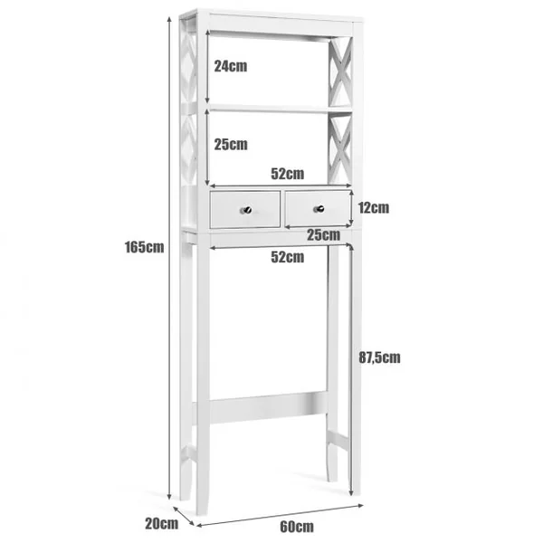 Armoire de Salle de Bains Meuble de Rangement Au-dessus Des Toilettes 2 Tiroirs en Bois 60x20x165cm Blanc