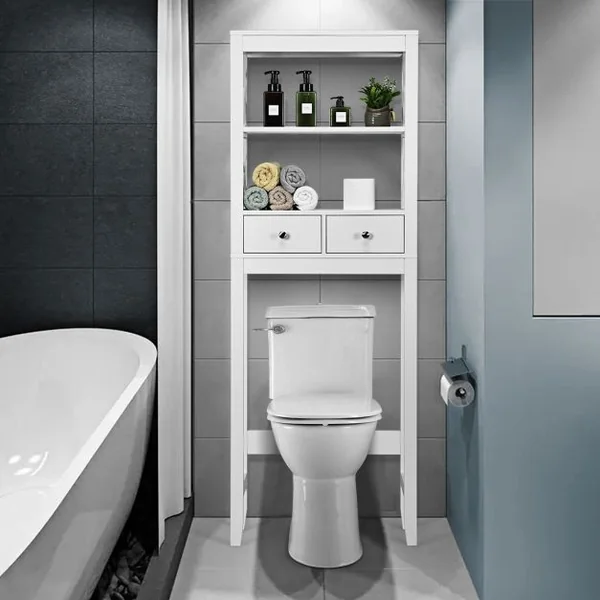 Armoire de Salle de Bains Meuble de Rangement Au-dessus Des Toilettes 2 Tiroirs en Bois 60x20x165cm Blanc
