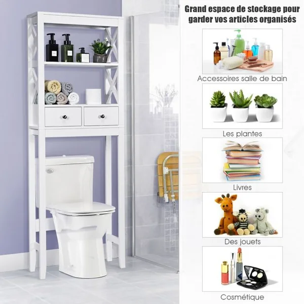 Armoire de Salle de Bains Meuble de Rangement Au-dessus Des Toilettes 2 Tiroirs en Bois 60x20x165cm Blanc