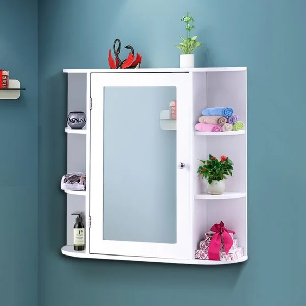 Armoire de Toilette avec Miroir Armoire à Glace Murale Armoire à Pharmacie 10 Étagères en MDF, 66x16,5x63cm, Blanc