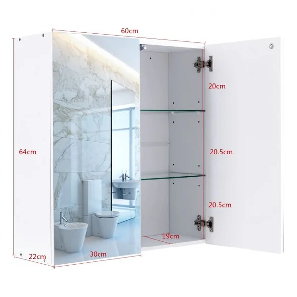 Armoire de Toilette avec Miroir et 3 Étagères de Rangement Armoire à Pharmacie en Mdf et Verre 60x215x64cm Blanc