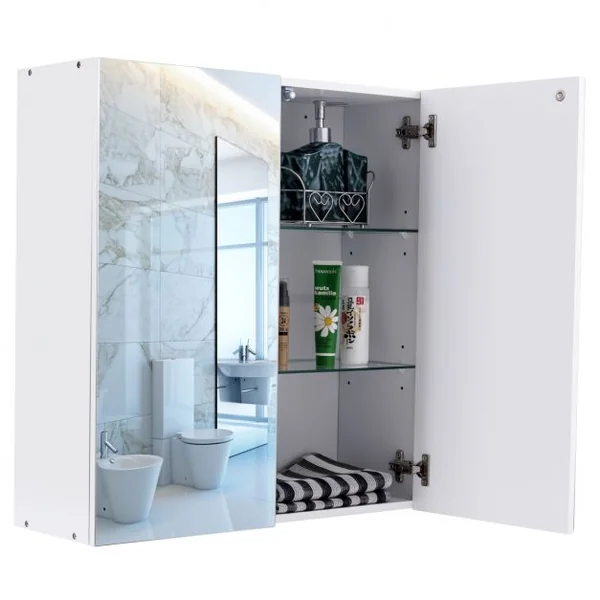 Armoire de Toilette avec Miroir et 3 Étagères de Rangement Armoire à Pharmacie en Mdf et Verre 60x215x64cm Blanc