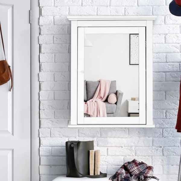 Armoire de Toilettes Mural avec Miroir et 2 Etagères Meuble de Salle de Bain MDF Tablette Ajustable en 5 Positions Marron