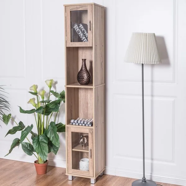 Armoire haute étroite Etagère salle de bain Meuble salle de bain, Etagères ouvertes et fermées, MDF, 33x30x180cm, Brun
