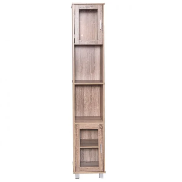Armoire haute étroite Etagère salle de bain Meuble salle de bain, Etagères ouvertes et fermées, MDF, 33x30x180cm, Brun