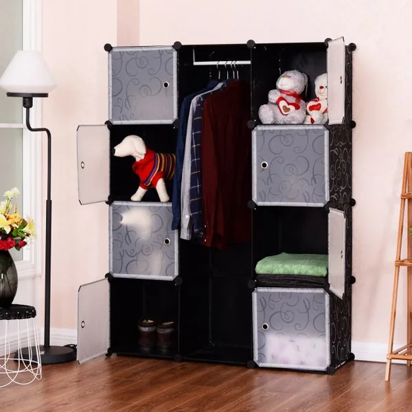 Armoire Modulable de Chambre avec Penderie pour Enfants Étagère Plastique Modulable 12 Cubes Cadre métal Noir et Blanc avec Marteau