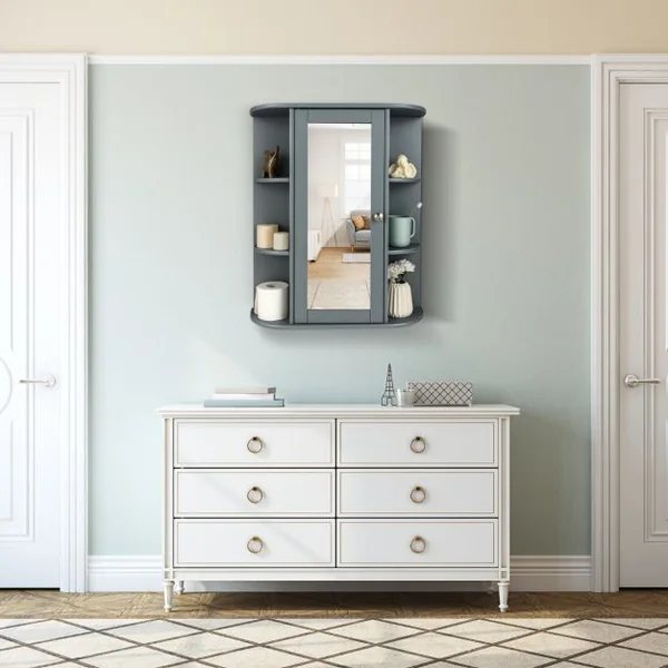 Armoire Murale de Salle de Bain avec Miroir 6 Étagères Ouvertes et 2 Compartiments Internes 60 x 16,5 x 67,5 cm Gris