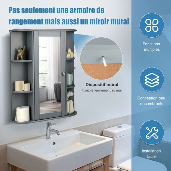 Armoire Murale de Salle de Bain avec Miroir 6 Étagères Ouvertes et 2 Compartiments Internes 60 x 16,5 x 67,5 cm Gris