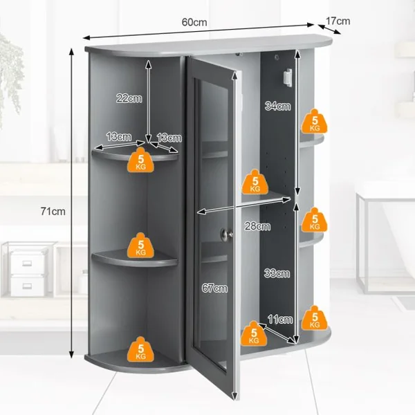 Armoire Murale de Salle de Bain avec Miroir 6 Étagères Ouvertes et 2 Compartiments Internes 60 x 16,5 x 67,5 cm Gris