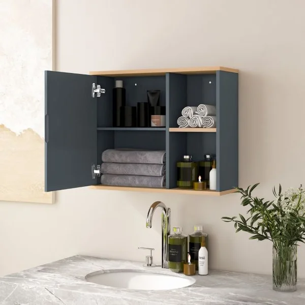 Armoire Murale de Salle de Bain avec Porte et Miroir 2 Niveaux pour Salle de Bain Entrée Toilette 60x20x50 cm Gris