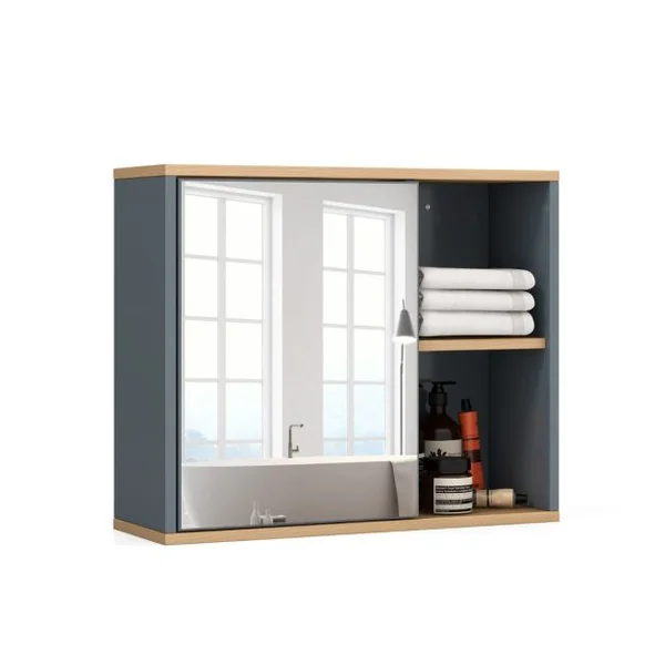 Armoire Murale de Salle de Bain avec Porte et Miroir 2 Niveaux pour Salle de Bain Entrée Toilette 60x20x50 cm Gris